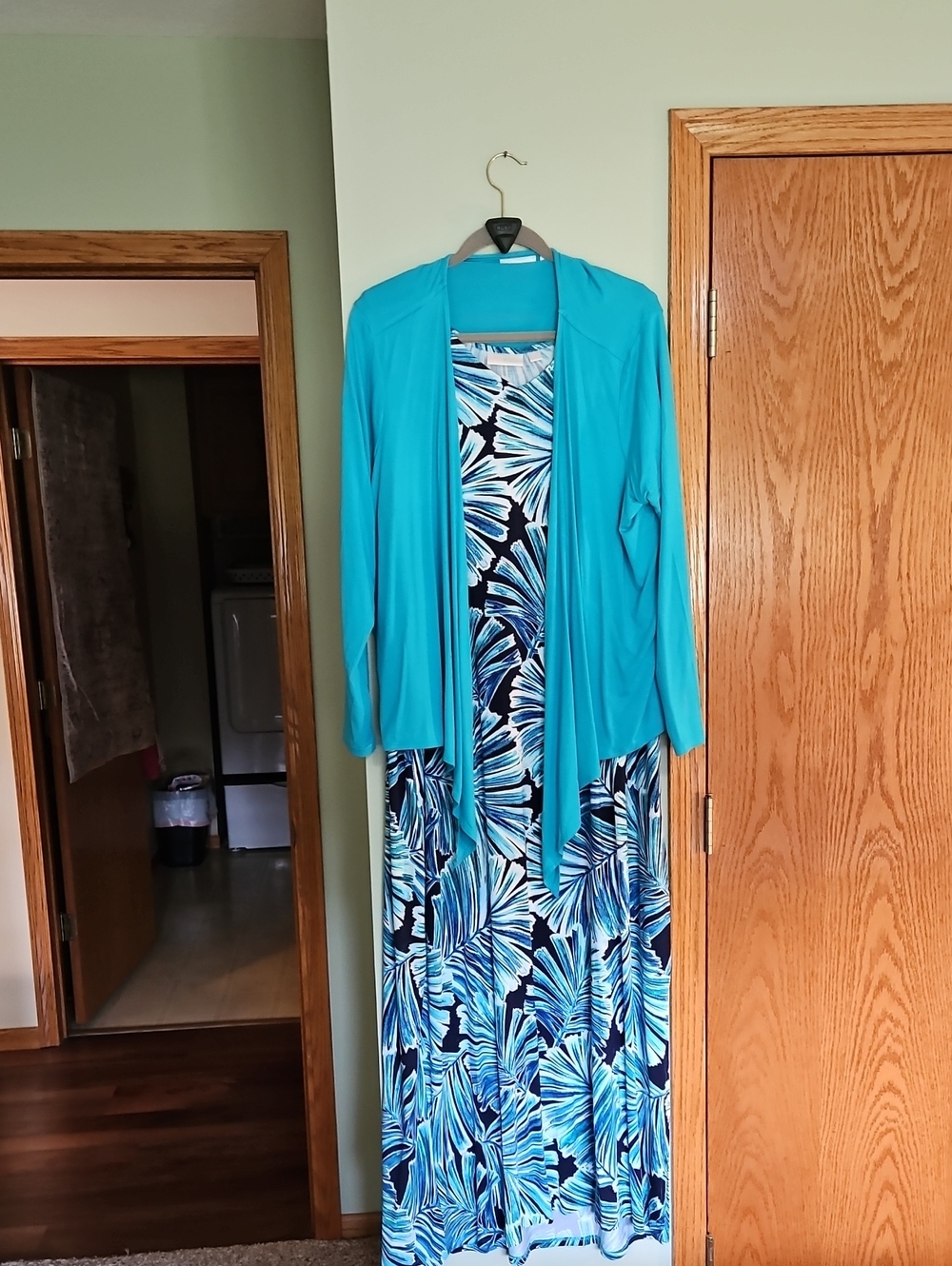 Belle by Kim Gravel Teal and Navy Floral Maxi Dress with Teal Cardigan